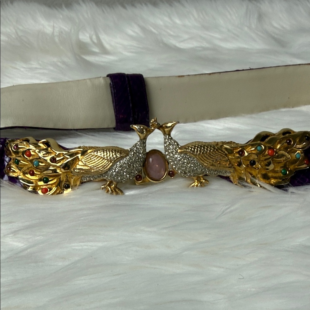 Judith Leiber vintage Purple Leather Belt with Gold Peacock Gemstone Clasp